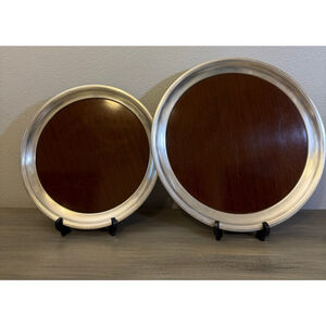 2 vintage MCM serving trays faux wood grain Formica laminate silverplate 12” 14”